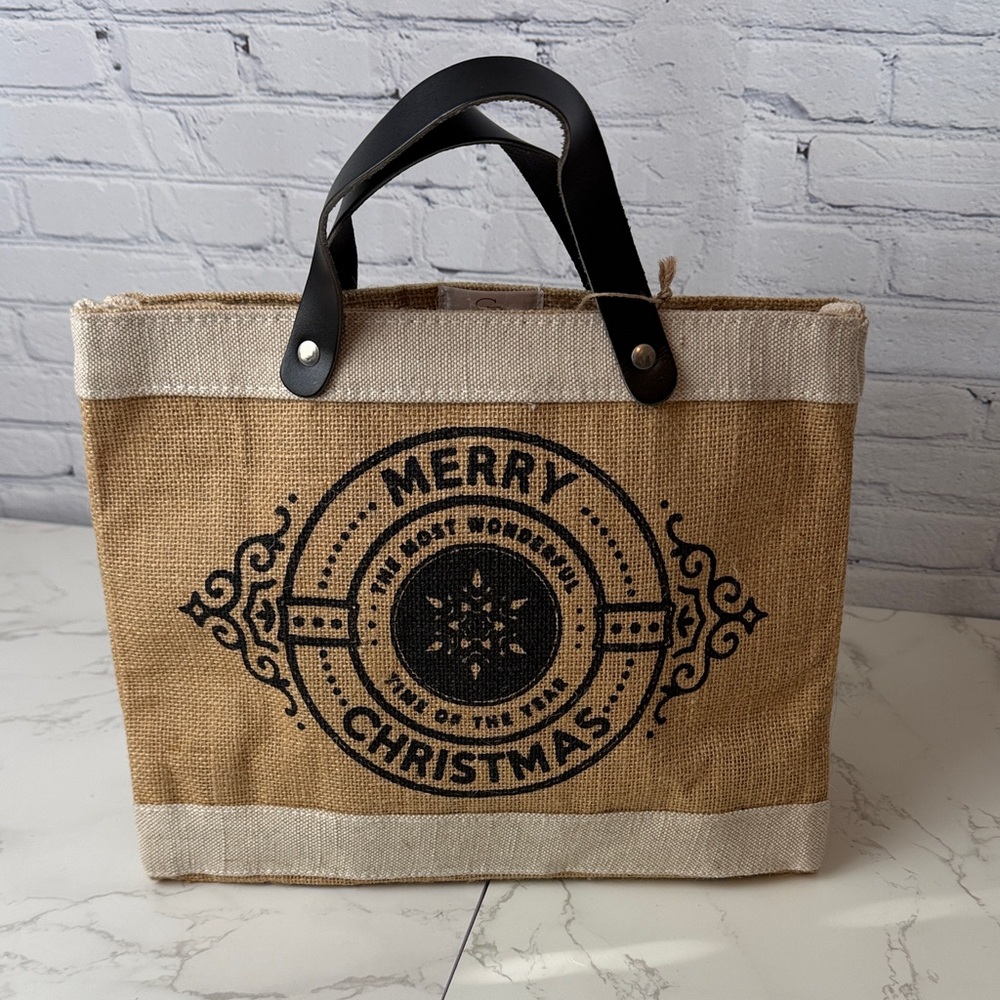 Holiday Merry Christmas Jute Tote Bag with Black Handles